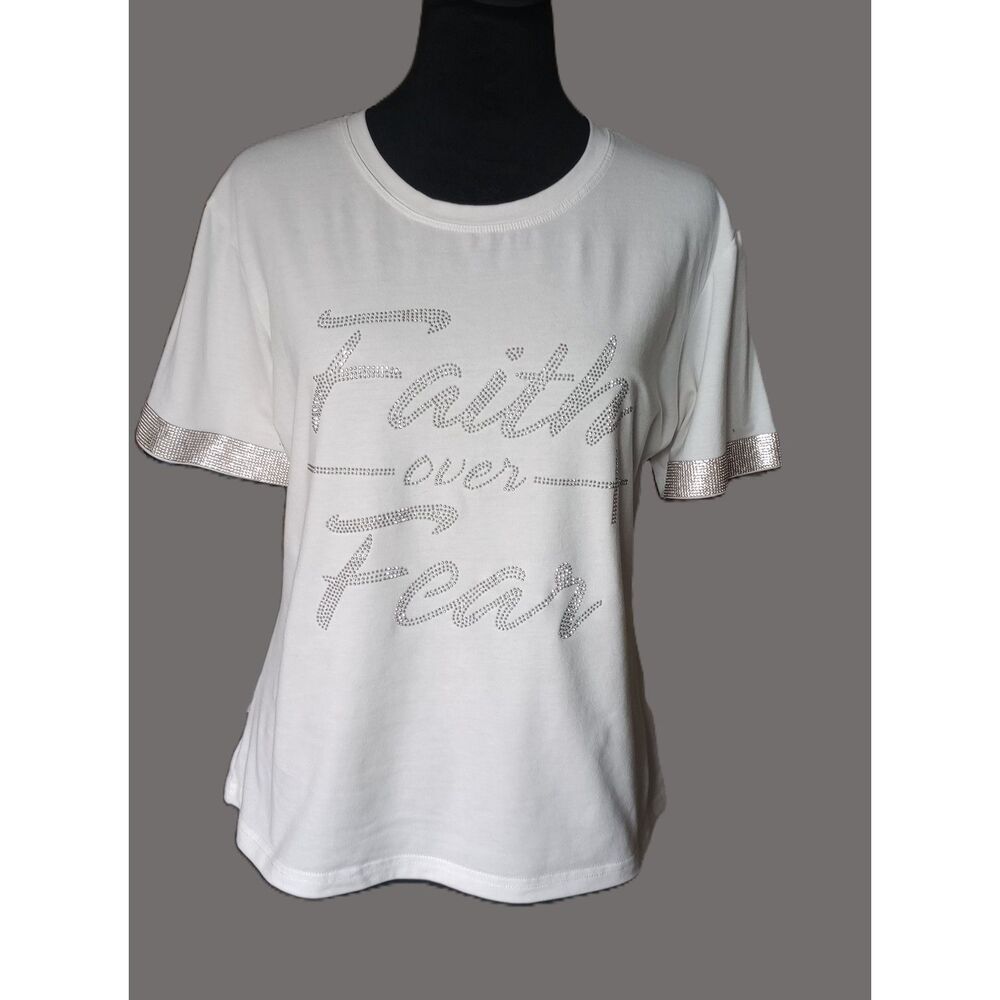 Nightstudio Women's M White Short Sleeve T-Shirt Faith Over Fear In Rhinestones